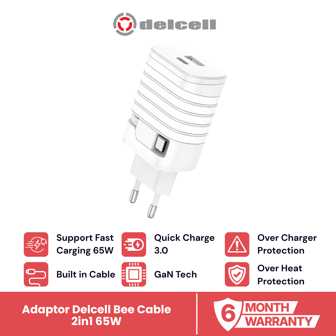Delcell Adaptor Charger BEE GaN PD65W Fast Charging Quick Charging 3.0 built in Kable 720mm